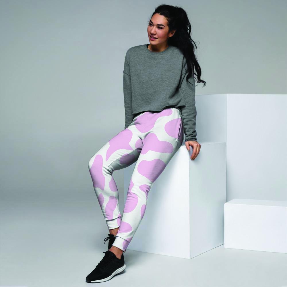 Pink White Cow Print Women's Joggers-grizzshop