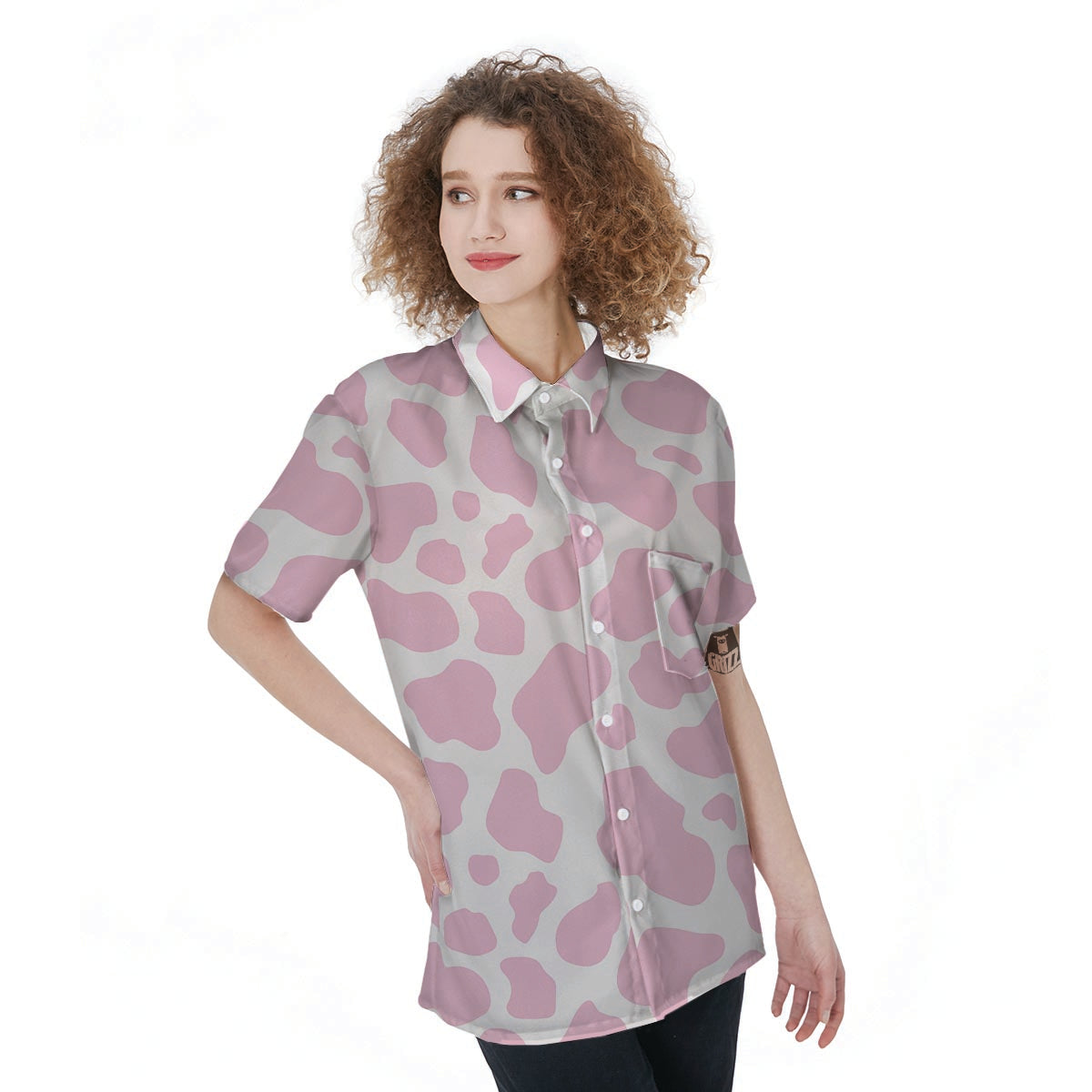 Pink White Cow Print Women's Short Sleeve Shirts-grizzshop