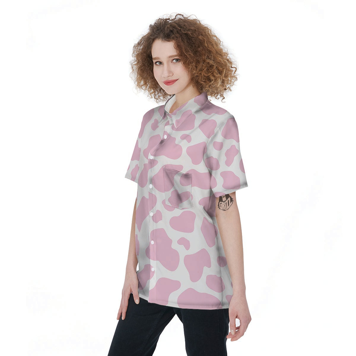 Pink White Cow Print Women's Short Sleeve Shirts-grizzshop