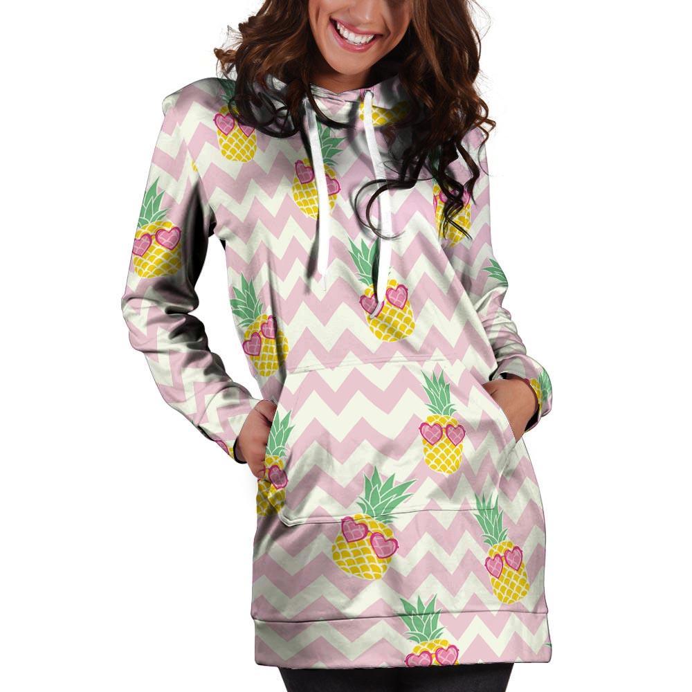 Pink Zig Zag Pineapple Print Hoodie Dress-grizzshop