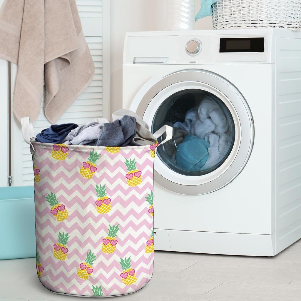 Pink Zig Zag Pineapple Print Laundry Basket-grizzshop