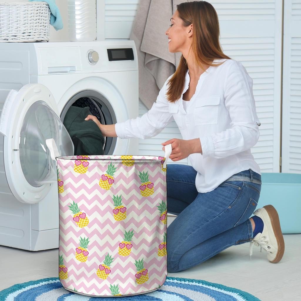 Pink Zig Zag Pineapple Print Laundry Basket-grizzshop