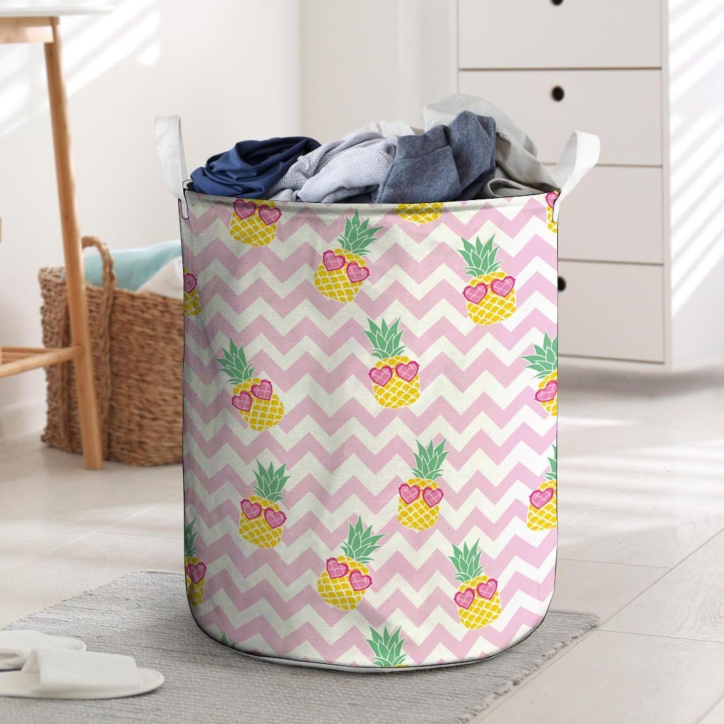 Pink Zig Zag Pineapple Print Laundry Basket-grizzshop