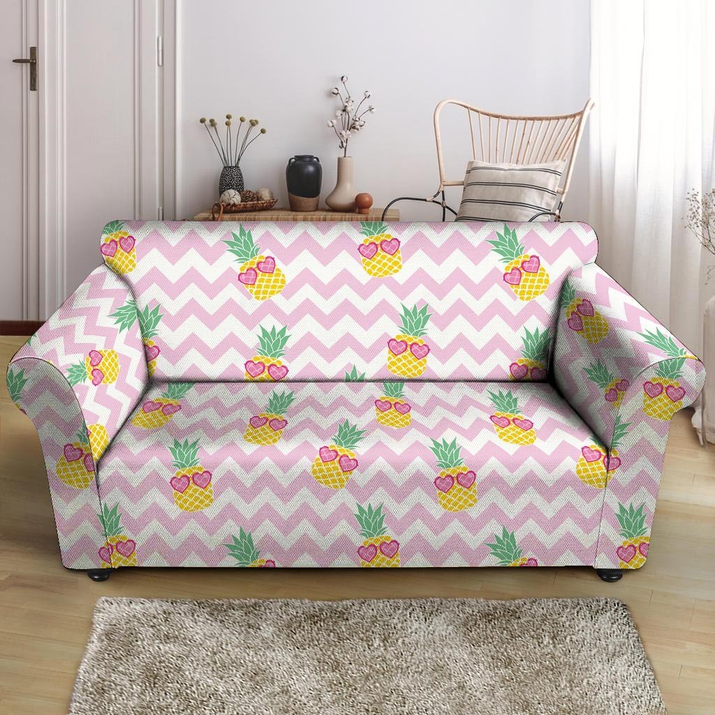 Pink Zig Zag Pineapple Print Loveseat Cover-grizzshop