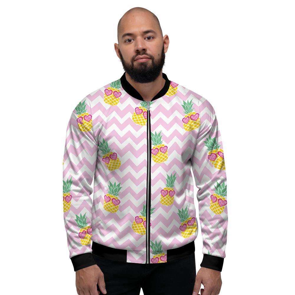 Pink Zig Zag Pineapple Print Men's Bomber Jacket-grizzshop