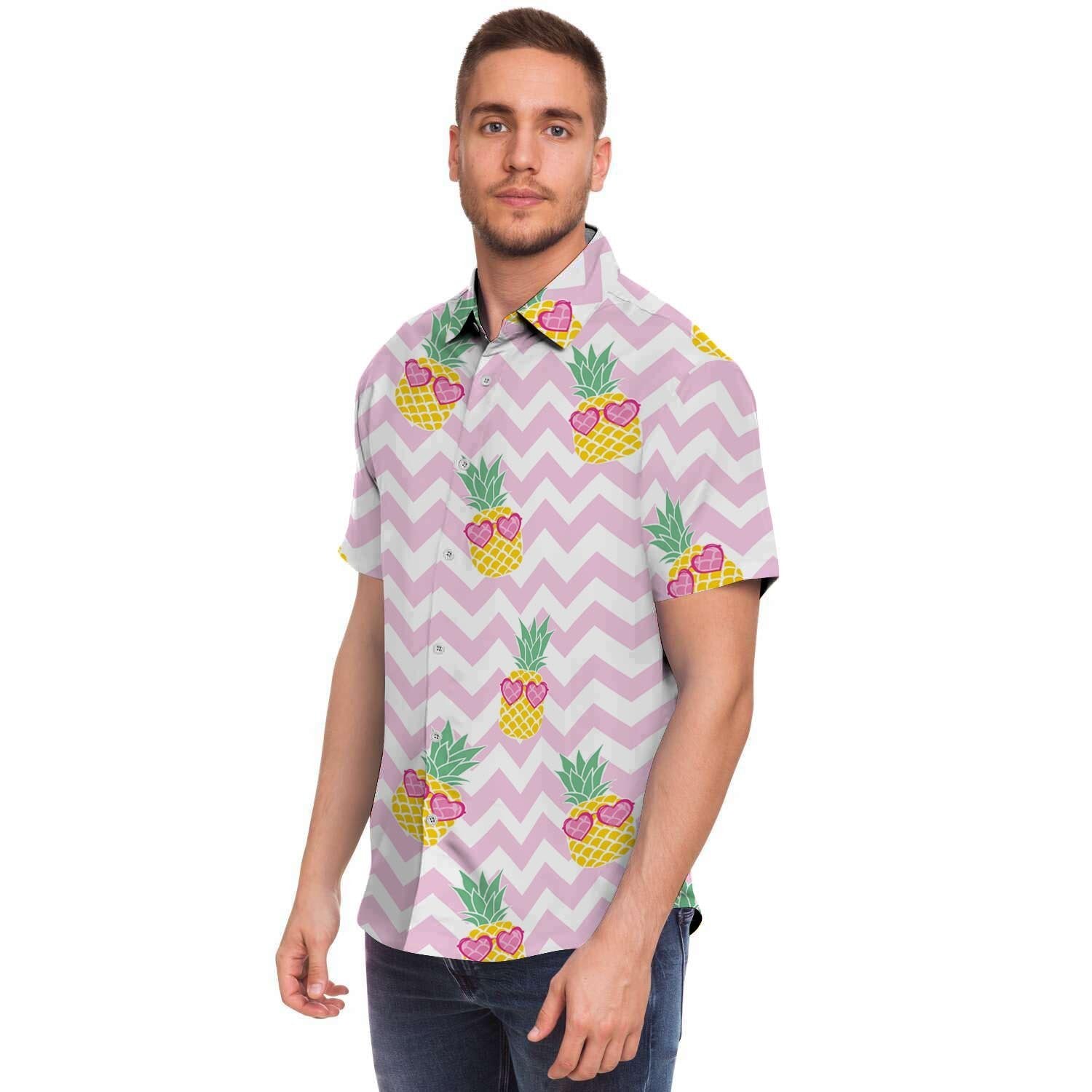 Pink Zig Zag Pineapple Print Men's Short Sleeve Shirt-grizzshop