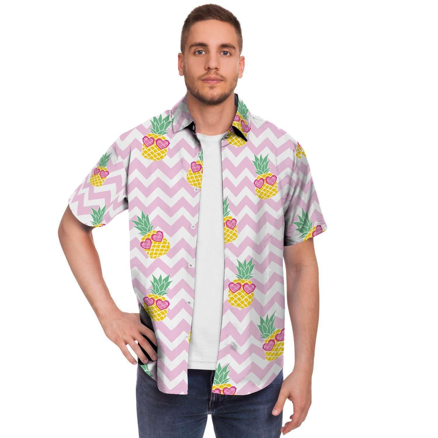 Pink Zig Zag Pineapple Print Men's Short Sleeve Shirt-grizzshop