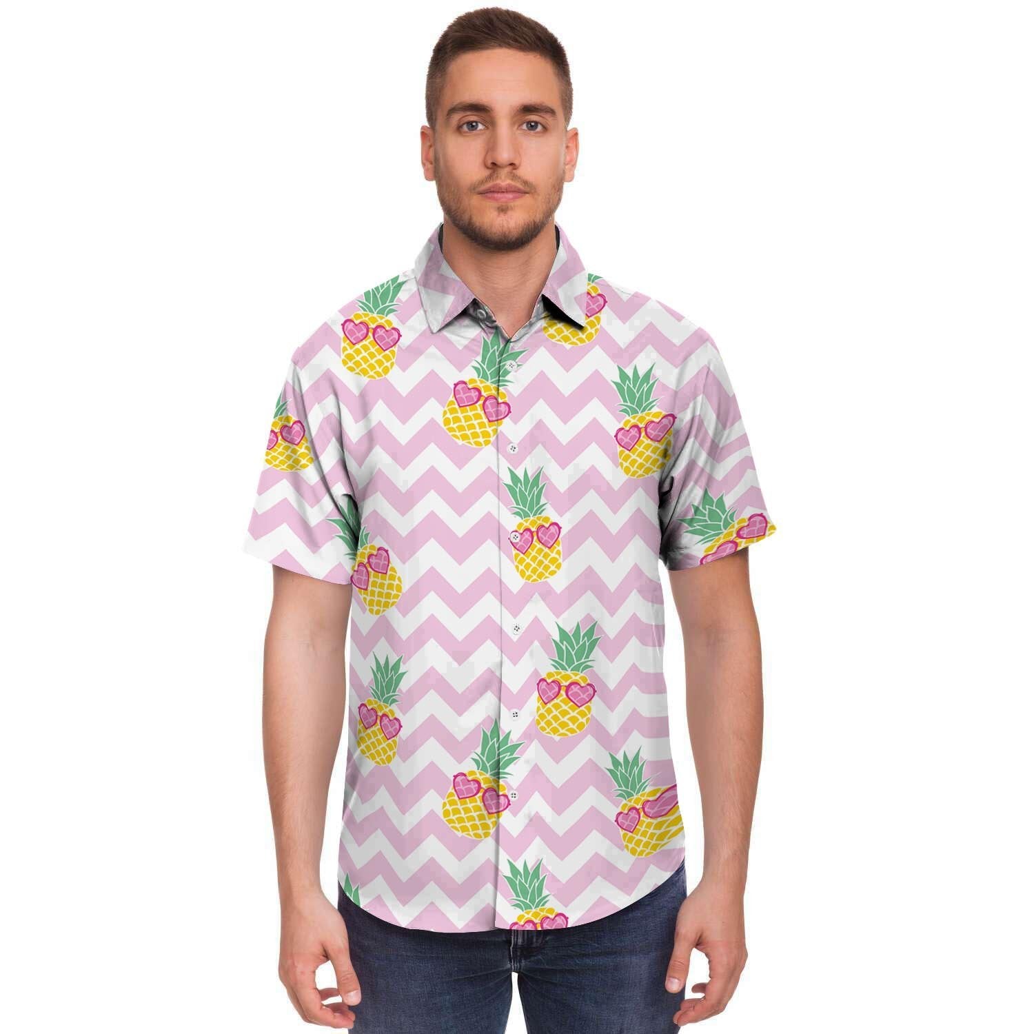 Pink Zig Zag Pineapple Print Men's Short Sleeve Shirt-grizzshop