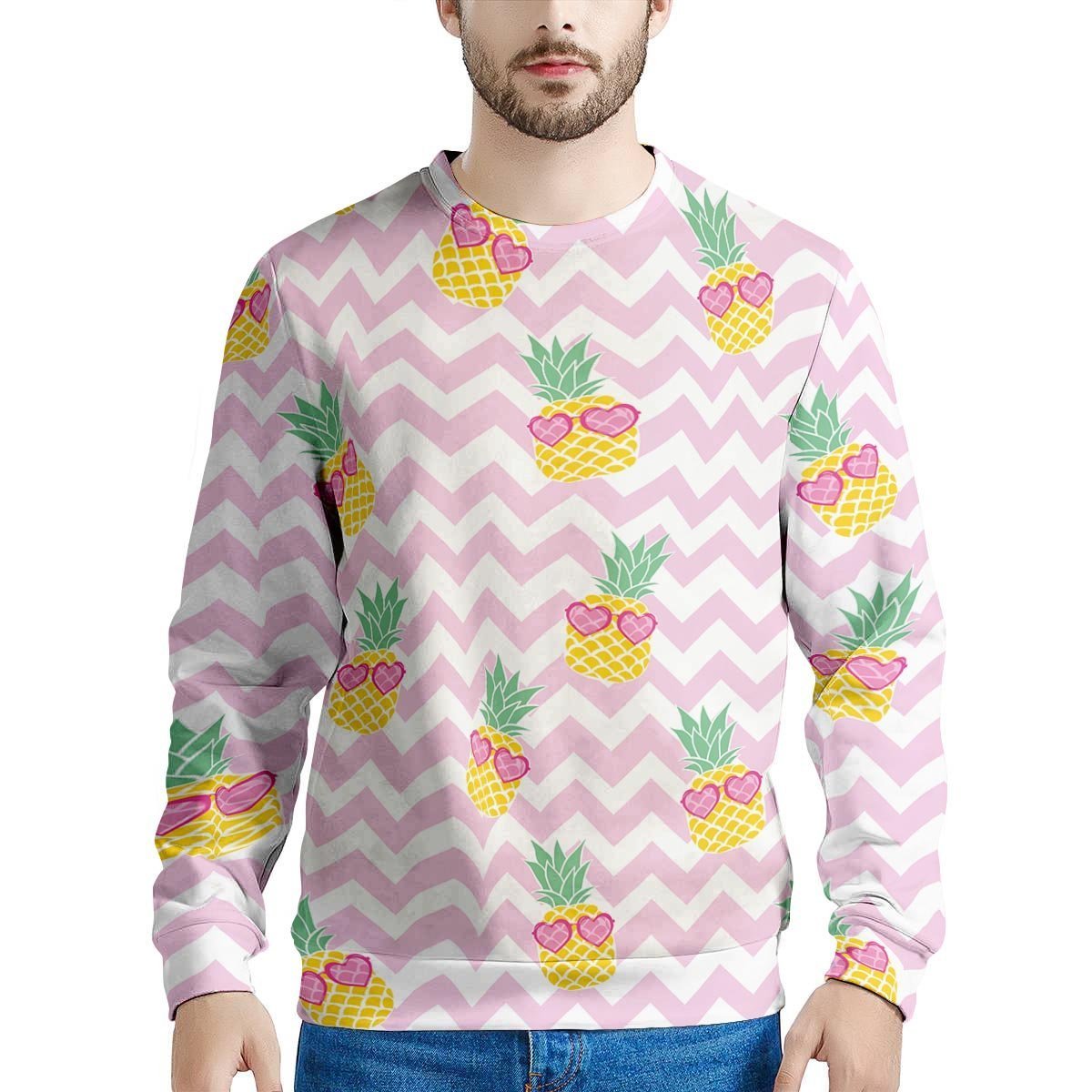 Pink Zig Zag Pineapple Print Men's Sweatshirt-grizzshop