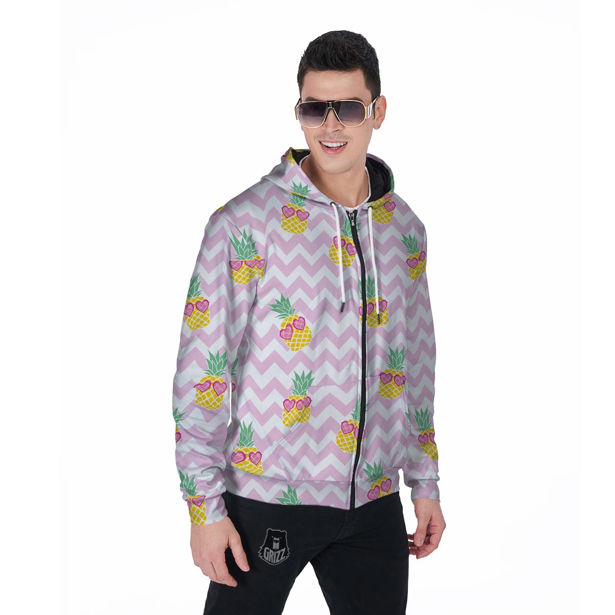 Pink Zig Zag Pineapple Print Men's Zip Up Hoodie-grizzshop