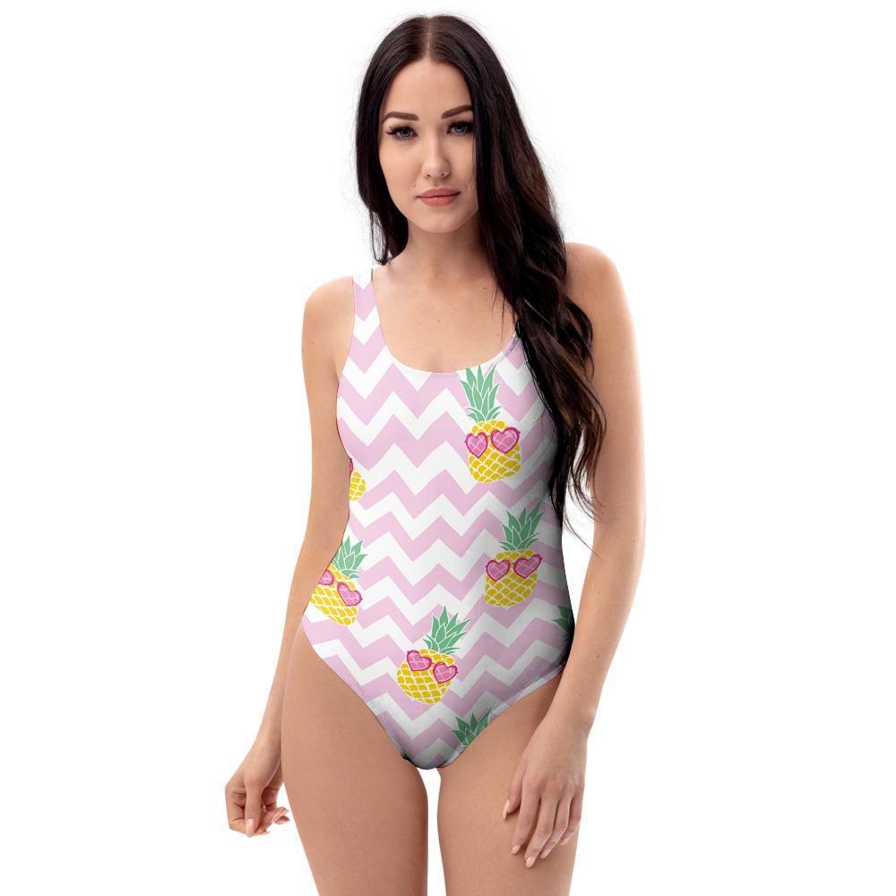 Pink Zig Zag Pineapple Print One Piece Swimsuite-grizzshop