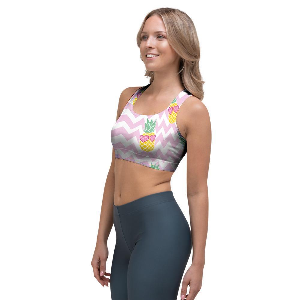 Pink Zig Zag Pineapple Print Sports Bra-grizzshop