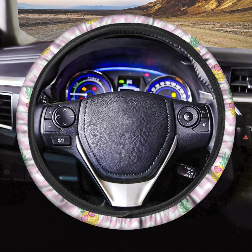 Pink Zig Zag Pineapple Print Steering Wheel Cover-grizzshop