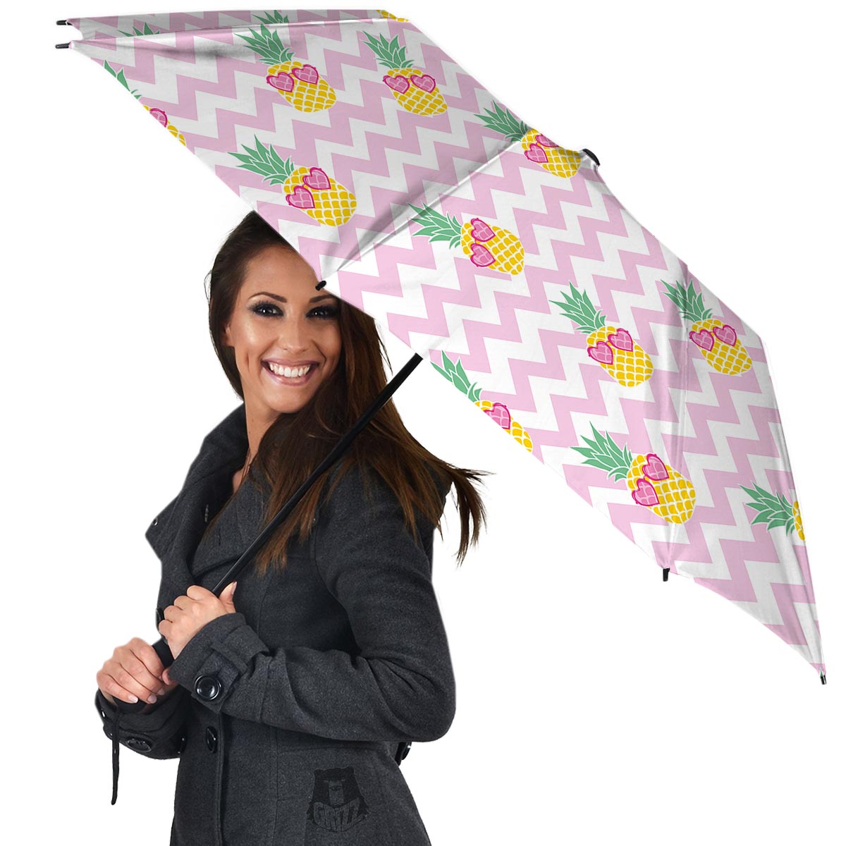 Pink Zig Zag Pineapple Print Umbrella-grizzshop