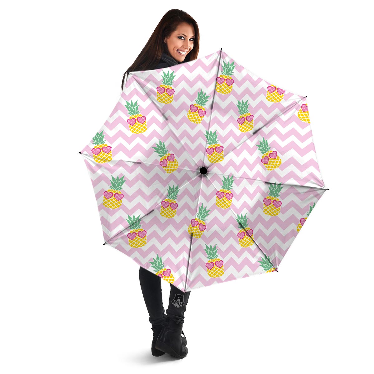 Pink Zig Zag Pineapple Print Umbrella-grizzshop