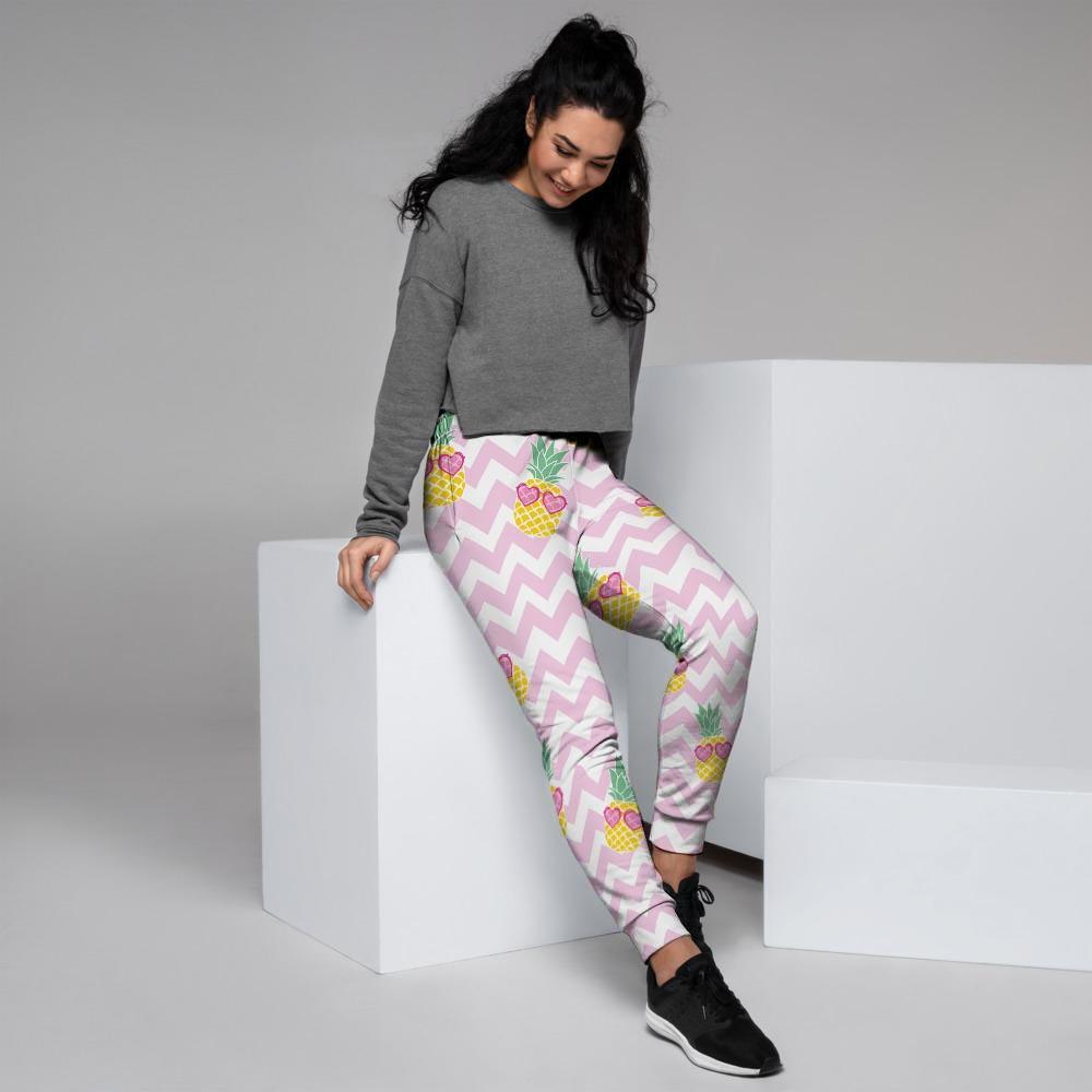 Pink Zig Zag Pineapple Print Women's Joggers-grizzshop