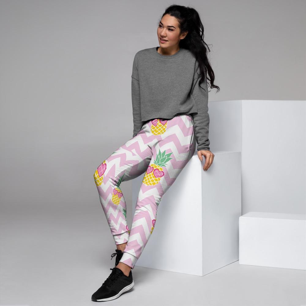 Pink Zig Zag Pineapple Print Women's Joggers-grizzshop