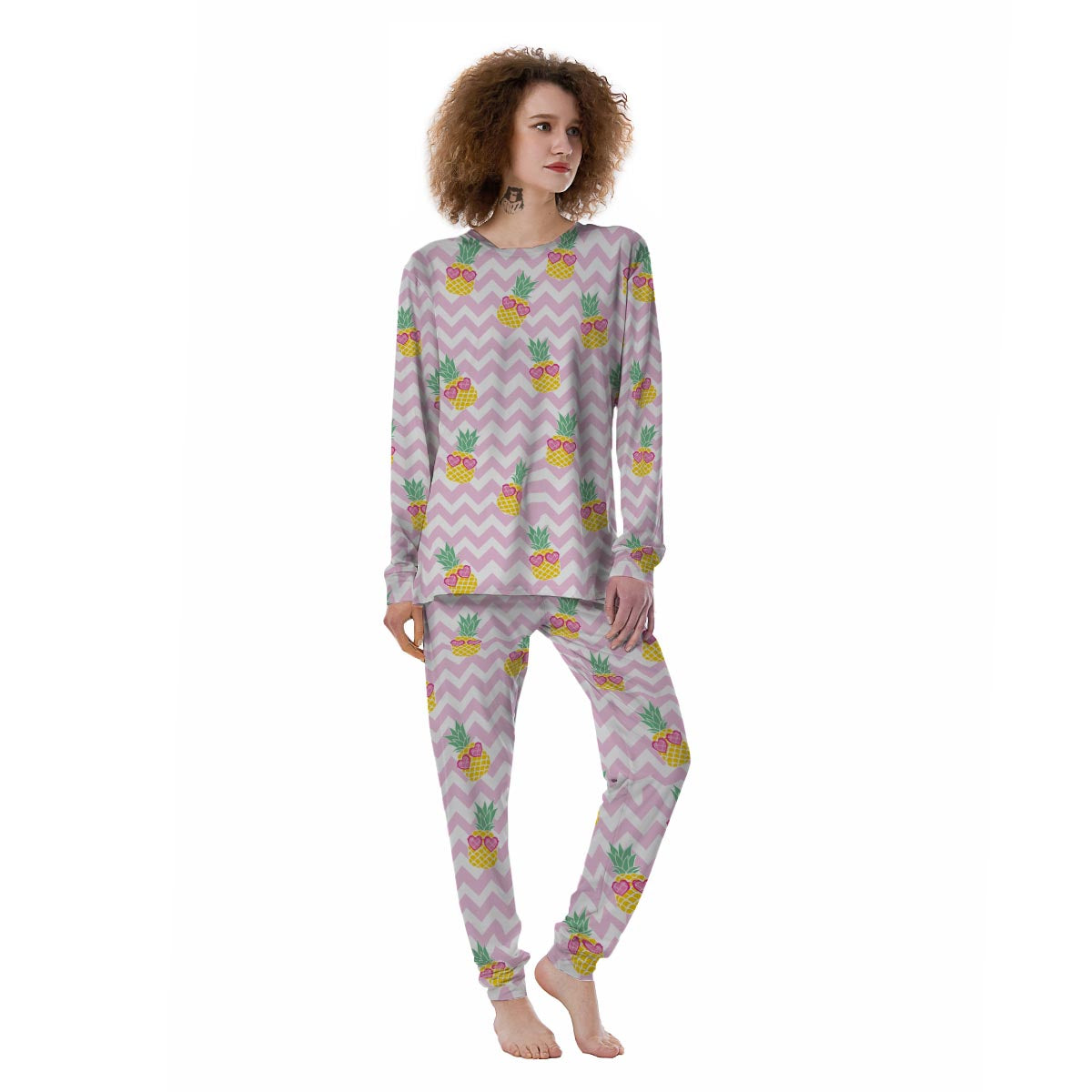 Pink Zig Zag Pineapple Print Women's Pajamas-grizzshop