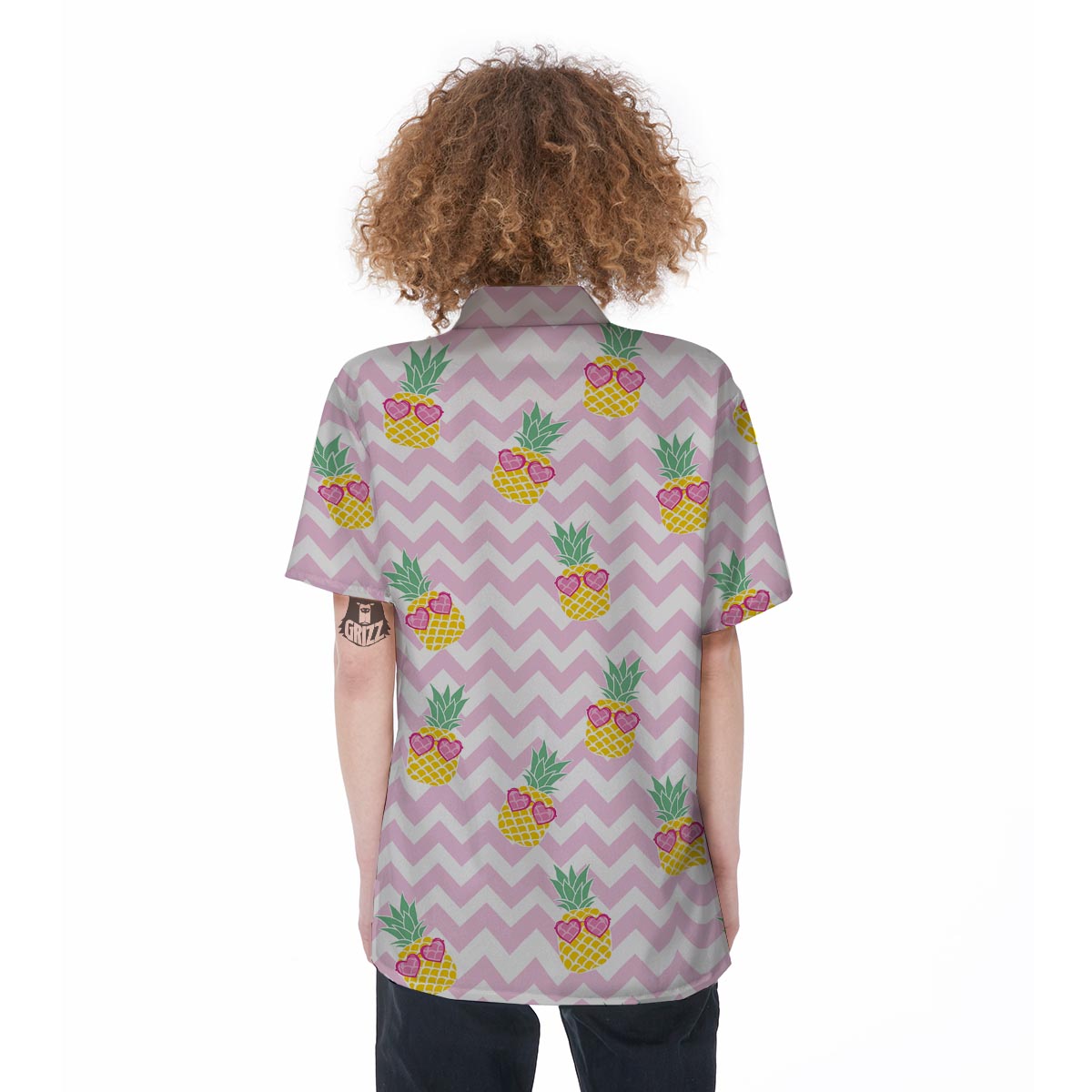 Pink Zig Zag Pineapple Print Women's Short Sleeve Shirts-grizzshop