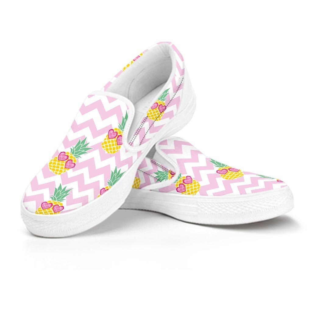 Pink Zig Zag Pineapple Print Women's Slip On Sneakers-grizzshop