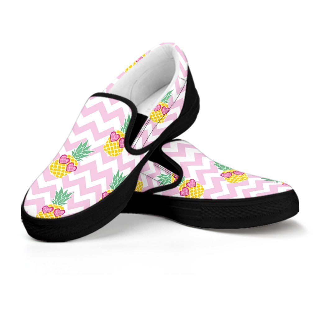 Pink Zig Zag Pineapple Print Women's Slip On Sneakers-grizzshop