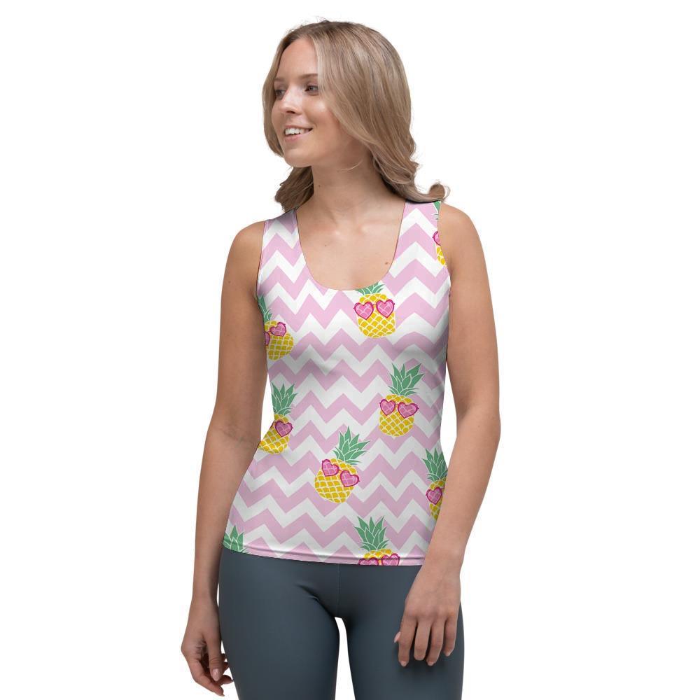 Pink Zig Zag Pineapple Print Women's Tank Top-grizzshop