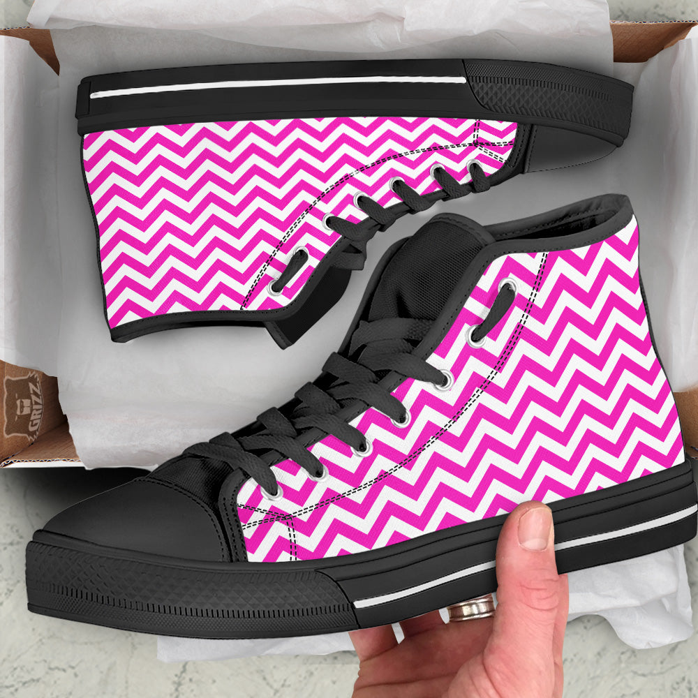 Pink Zigzag Print Pattern Black High Top Shoes-grizzshop