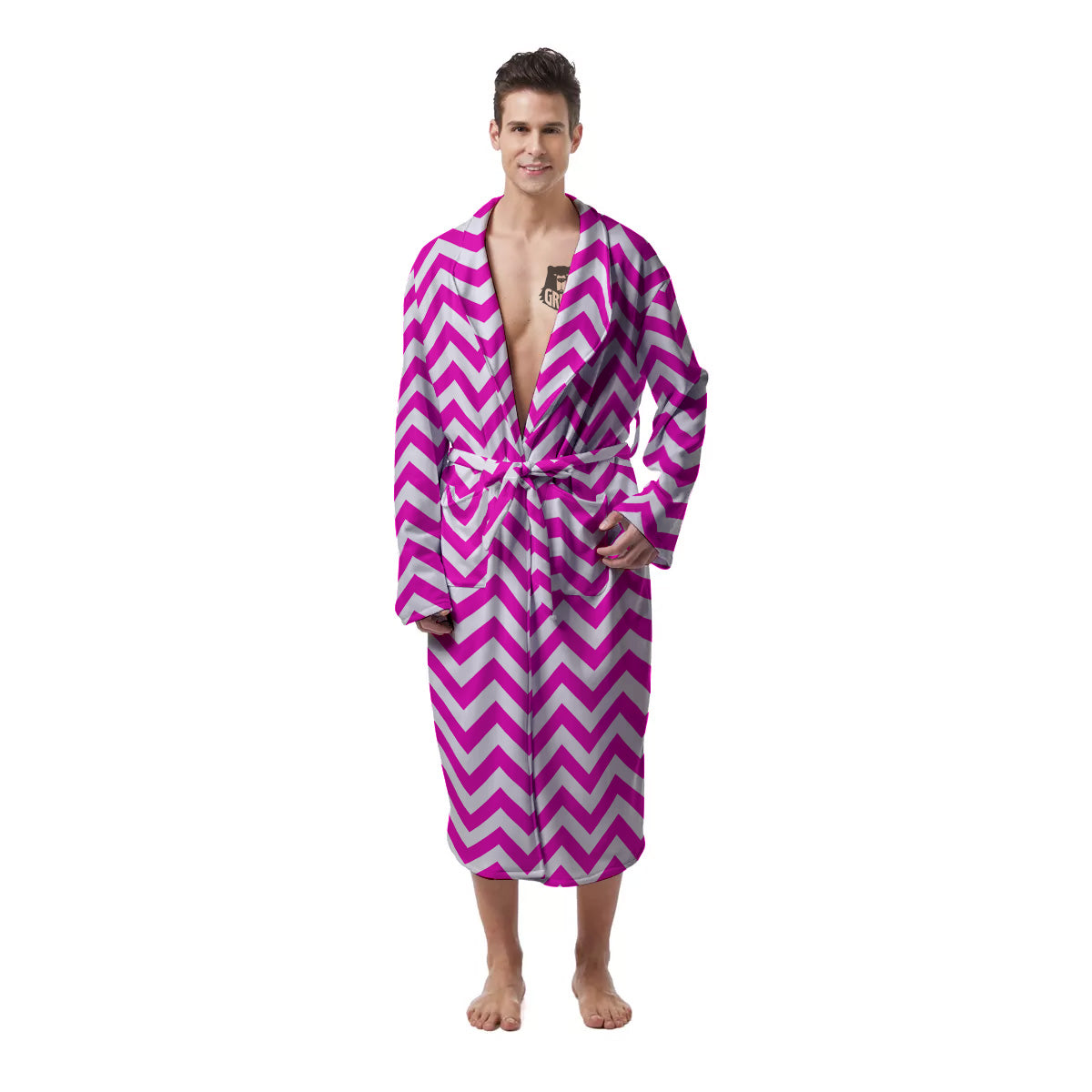 Pink Zigzag Print Pattern Men's Robe-grizzshop