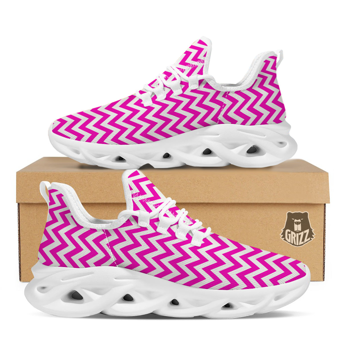 Pink Zigzag Print Pattern White Running Shoes-grizzshop
