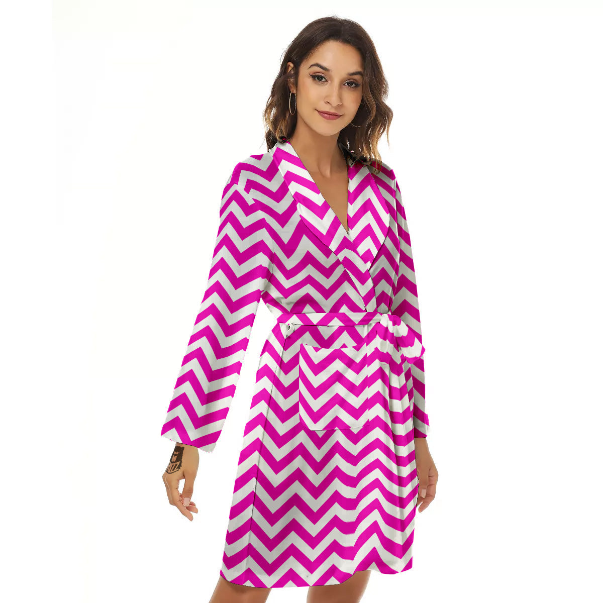 Pink Zigzag Print Pattern Women's Robe-grizzshop