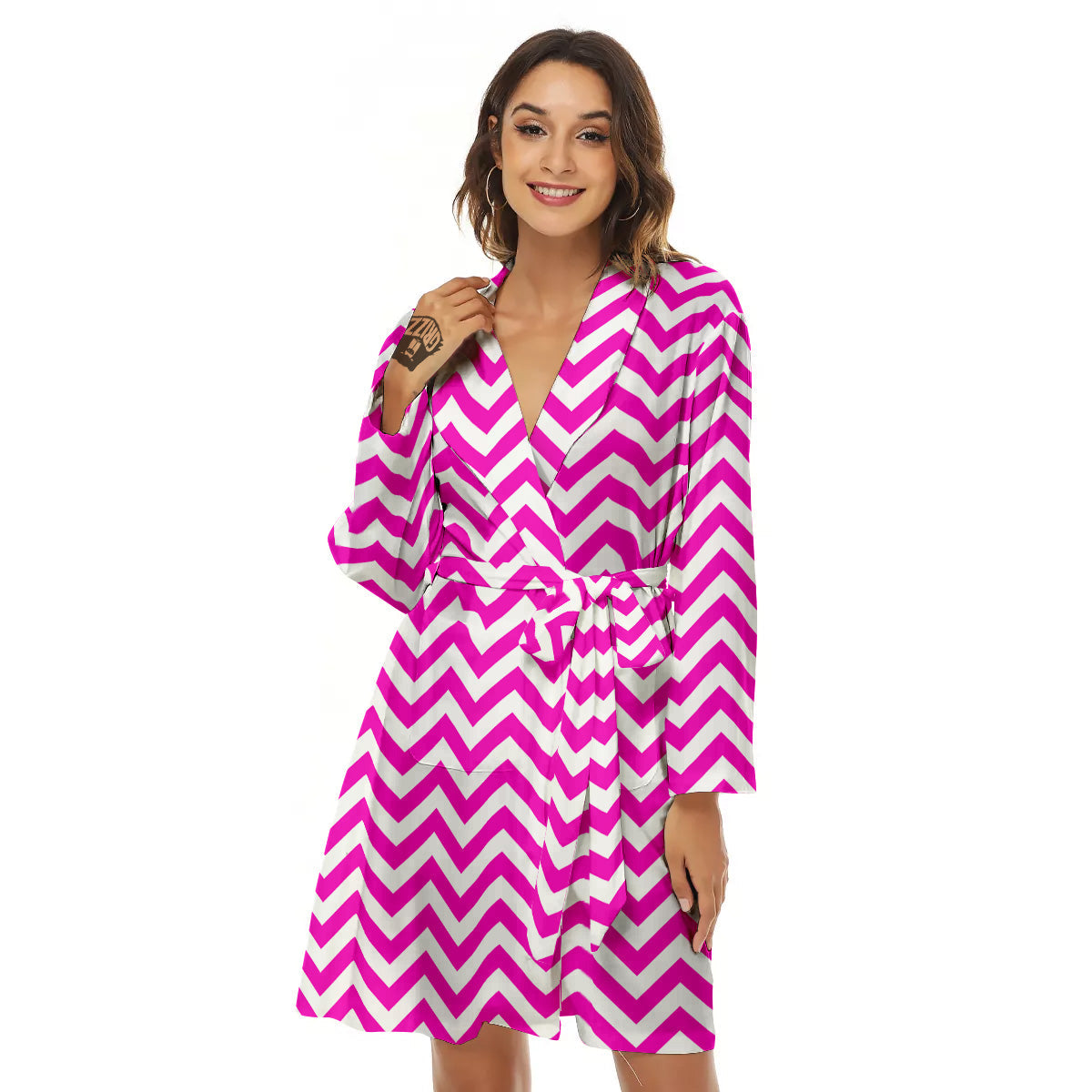 Pink Zigzag Print Pattern Women's Robe-grizzshop