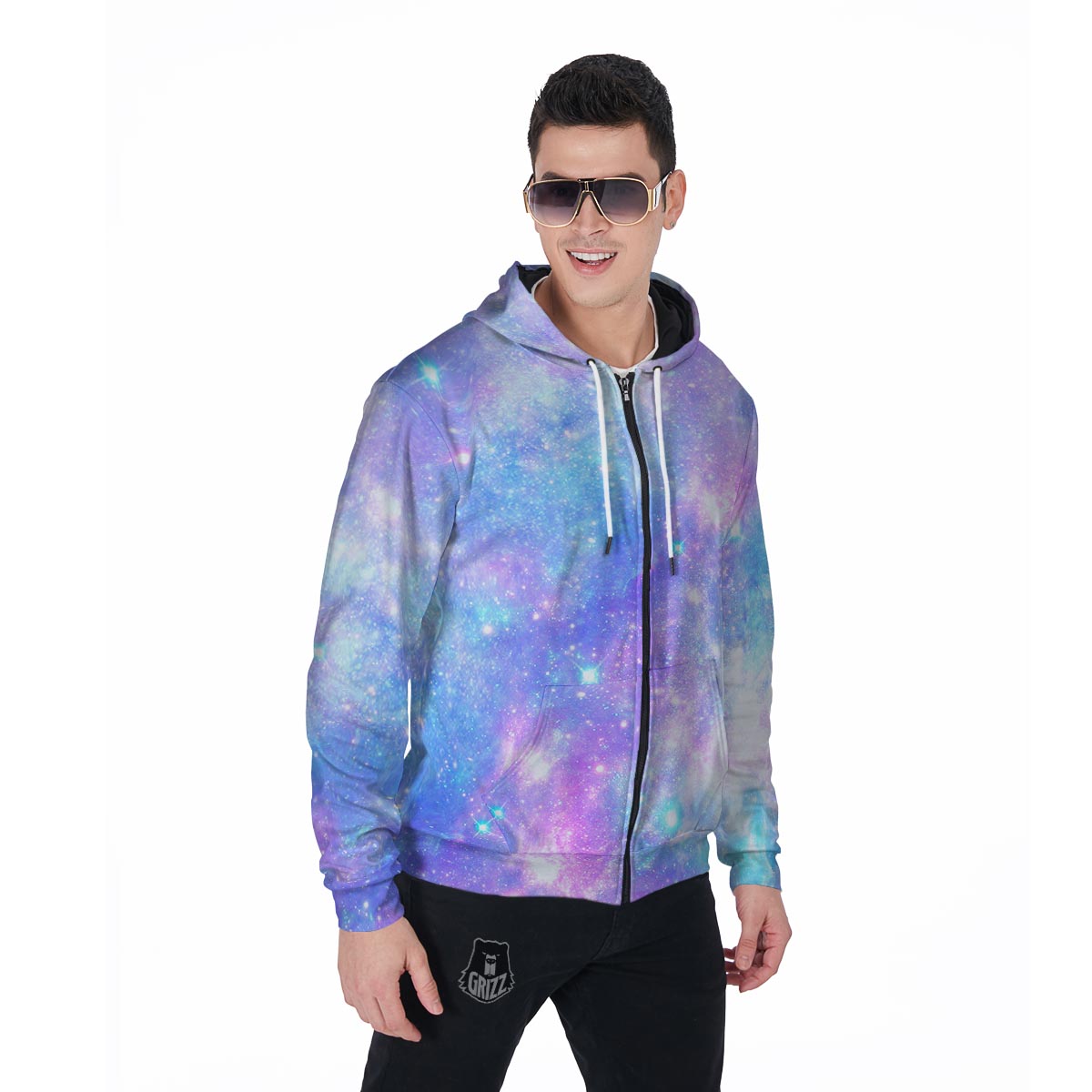 Pink and Blue Galaxy Space Men's Zip Up Hoodie-grizzshop