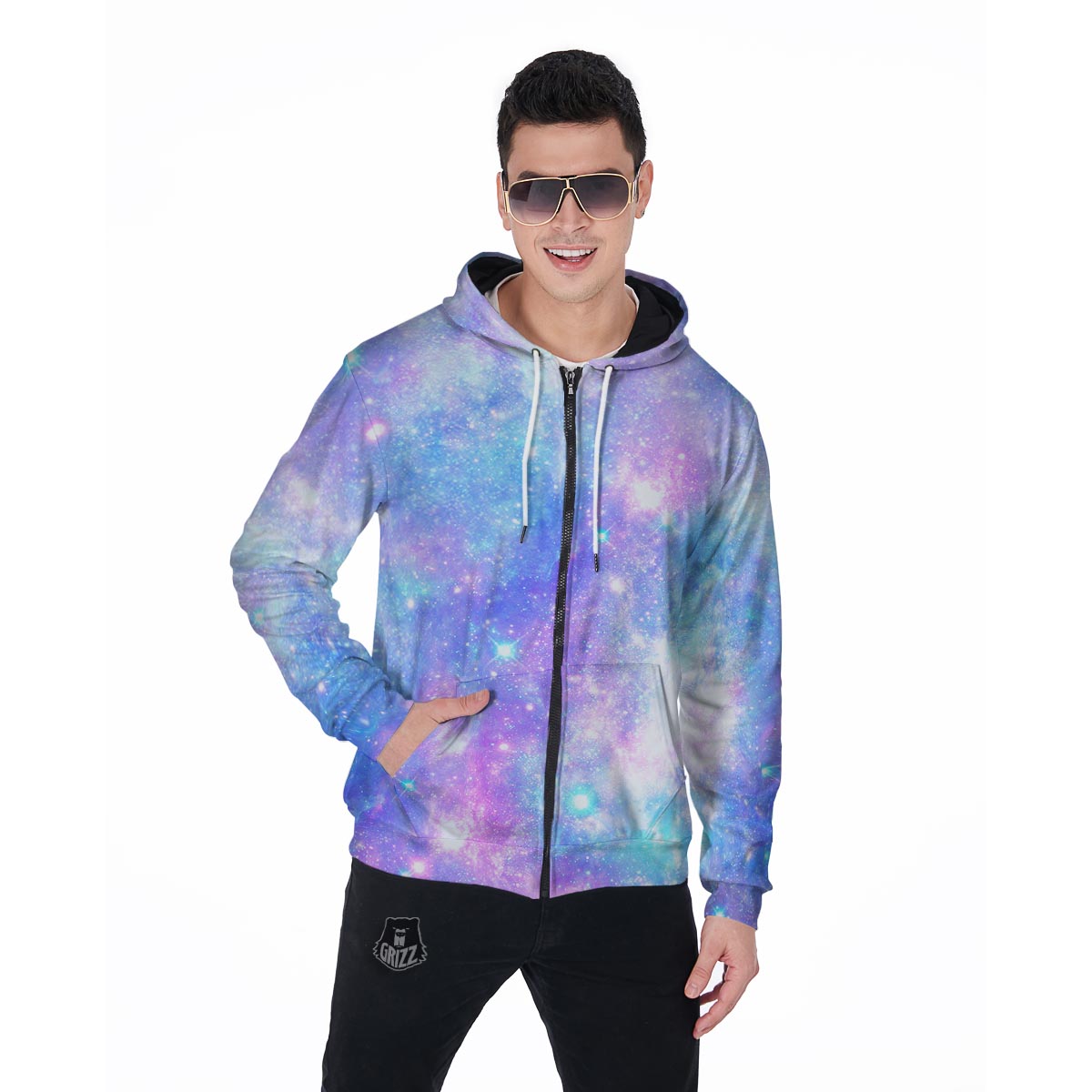 Pink and Blue Galaxy Space Men's Zip Up Hoodie-grizzshop