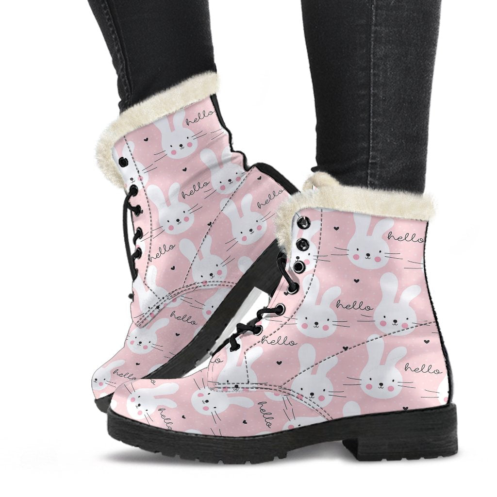 Pink Bunny Rabbit Pattern Print Comfy Winter Boots-grizzshop