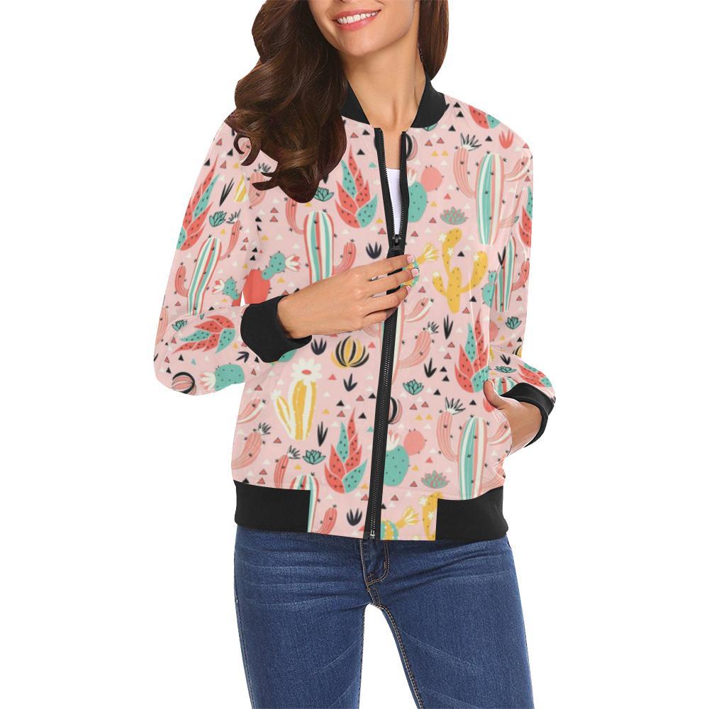 Pink Cactus Pattern Print Women Casual Bomber Jacket-grizzshop