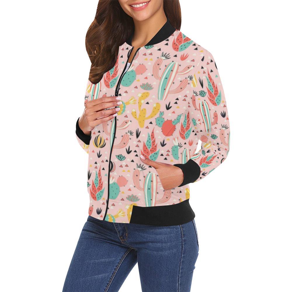 Pink Cactus Pattern Print Women Casual Bomber Jacket-grizzshop