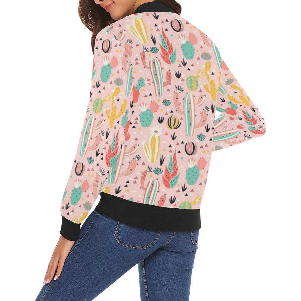 Pink Cactus Pattern Print Women Casual Bomber Jacket-grizzshop