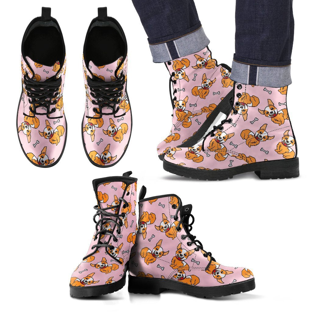 Pink Corgi Pattern Print Men Women Leather Boots-grizzshop