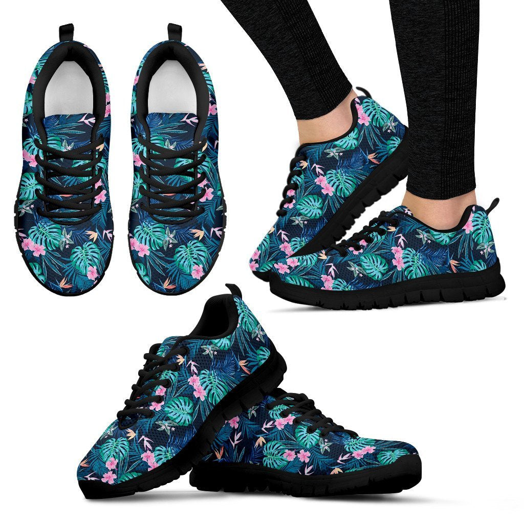 Pink Floral Tropical Palm Leaves Hawaiian Pattern Print Black Sneaker Shoes For Men Women-grizzshop