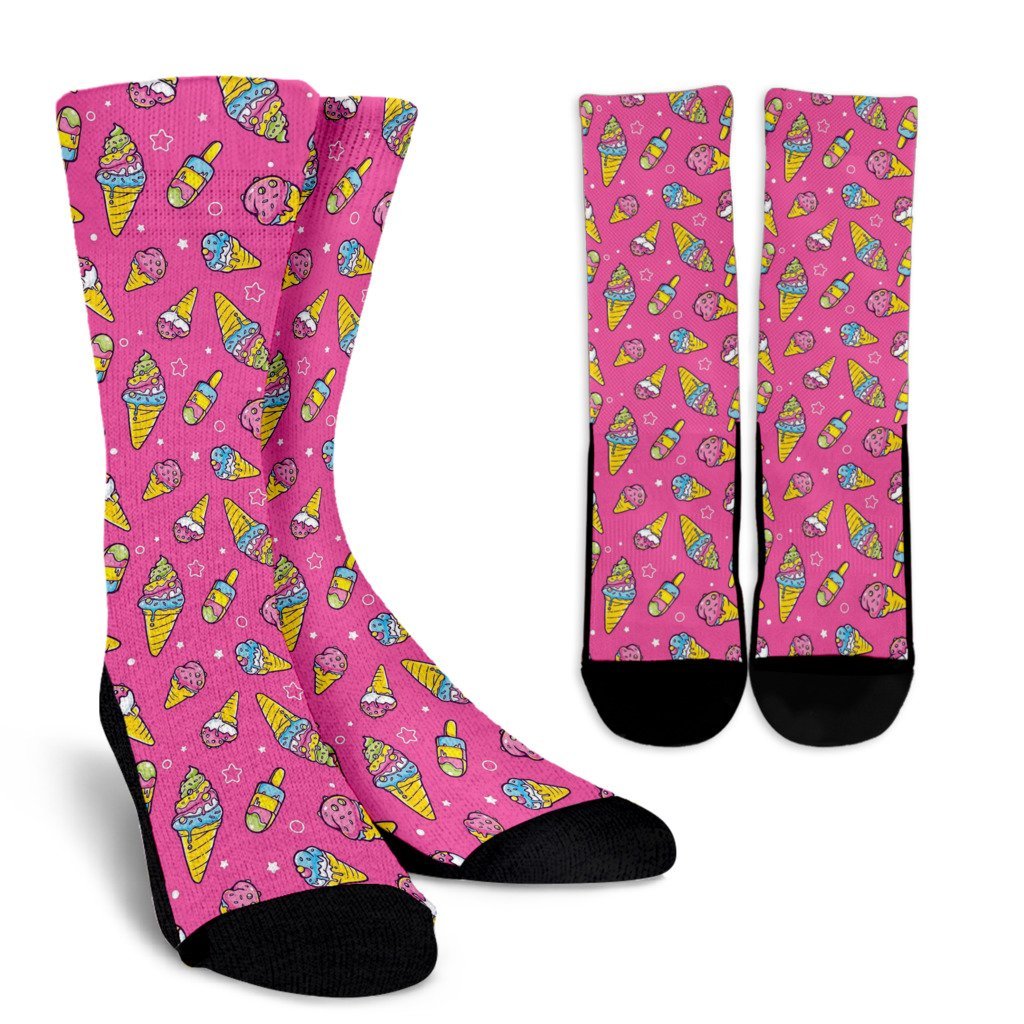 Pink Ice Cream Cone Pattern Print Unisex Crew Socks-grizzshop