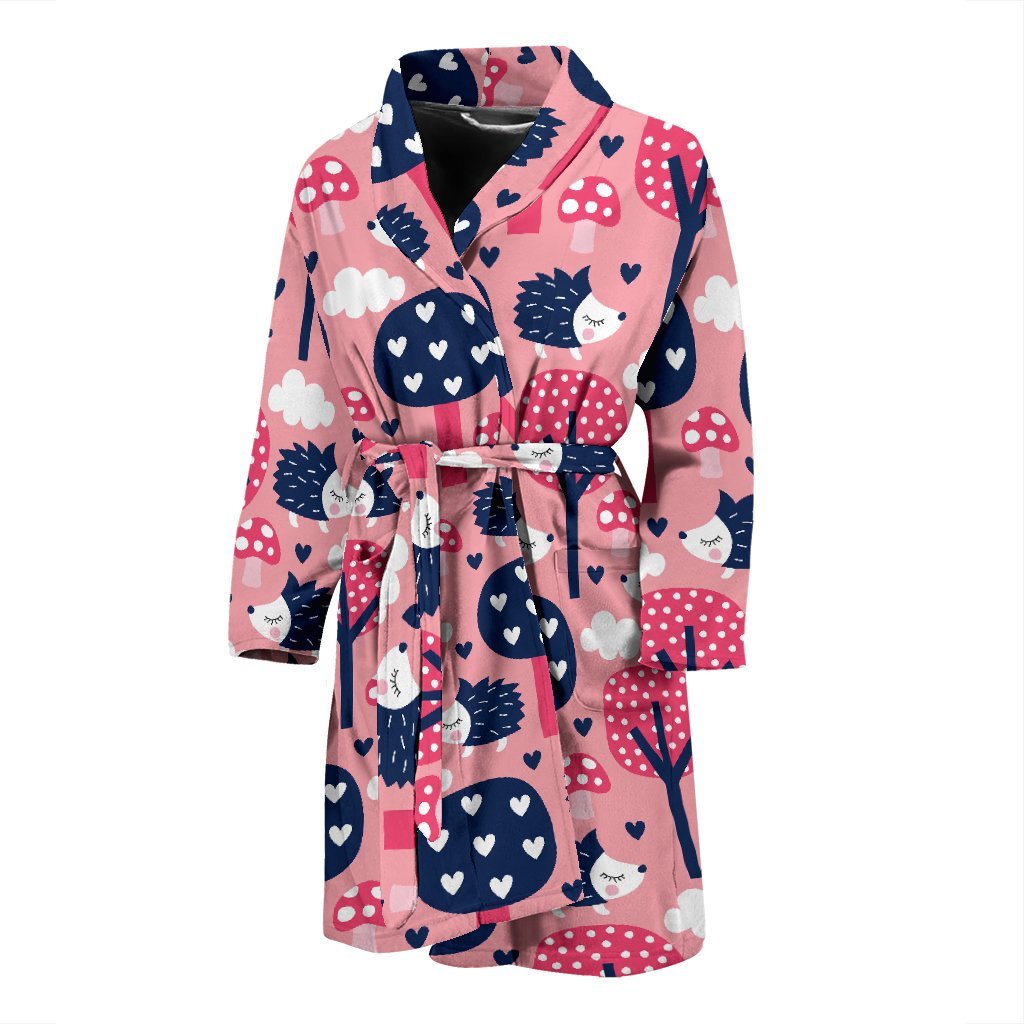 Pink Mushroom Three Hedgehogs Men Long Robe-grizzshop