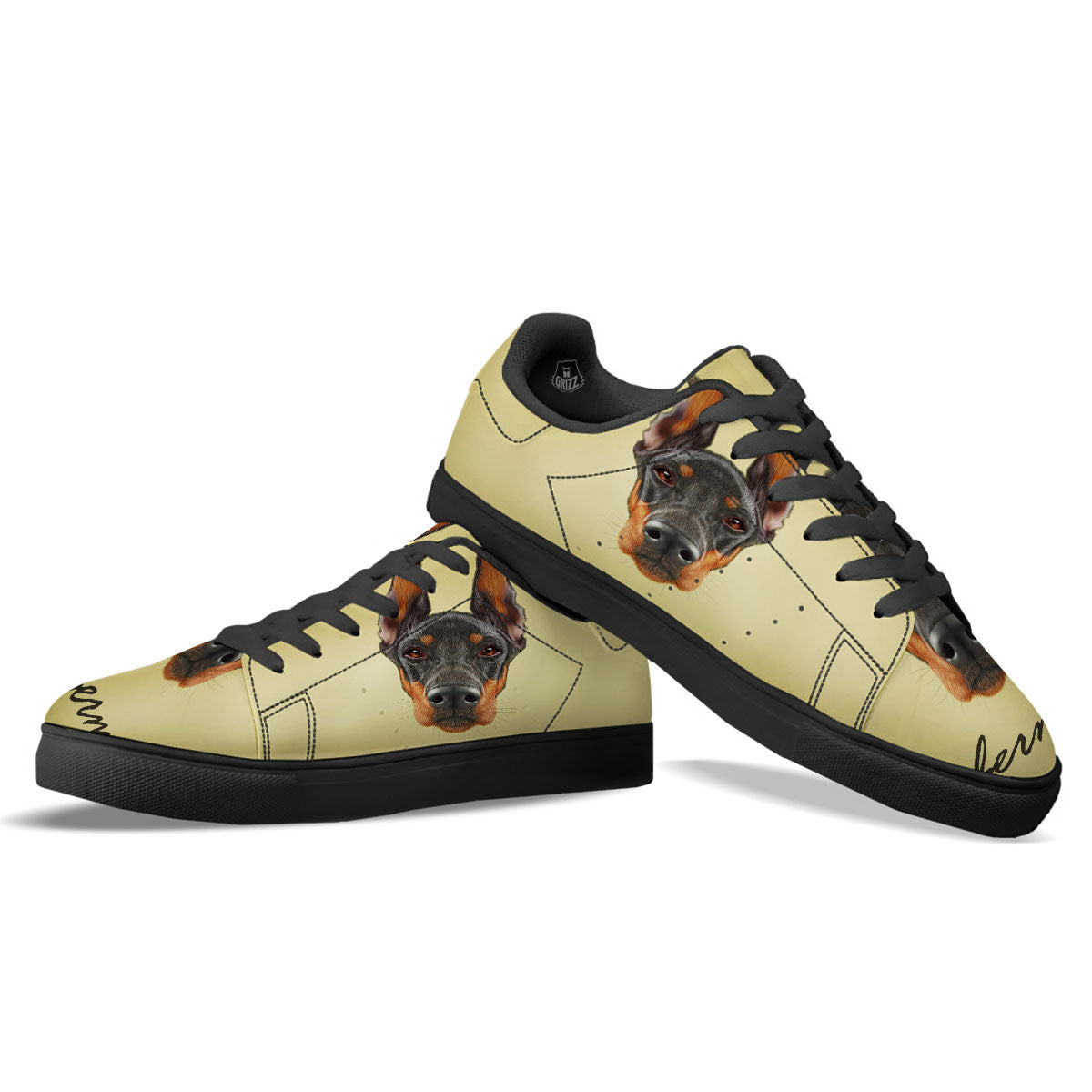 Pinscher Doberman Print Black Low Top Sneakers-grizzshop