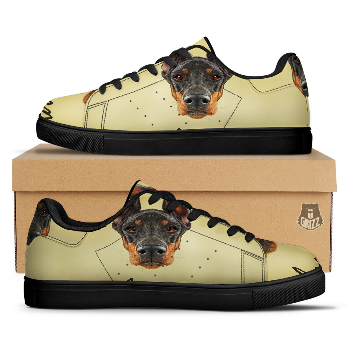 Pinscher Doberman Print Black Low Top Sneakers-grizzshop