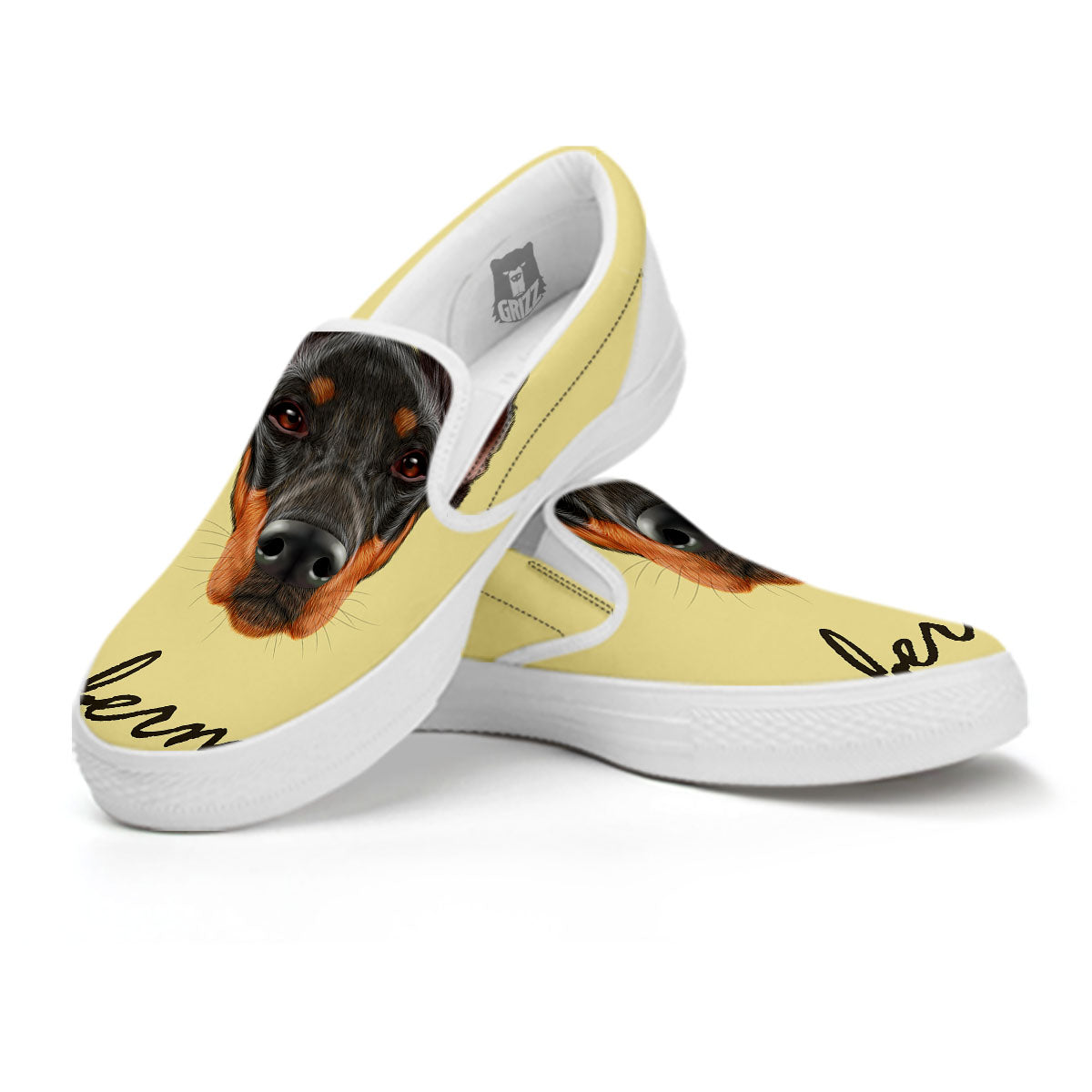 Pinscher Doberman Print White Slip On Shoes-grizzshop