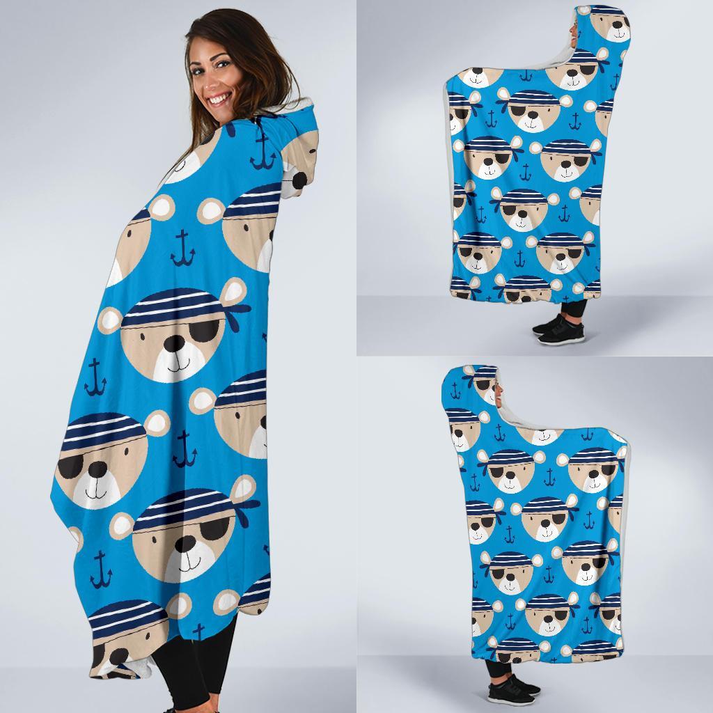 Pirate Bear Pattern Print Hooded Blanket-grizzshop