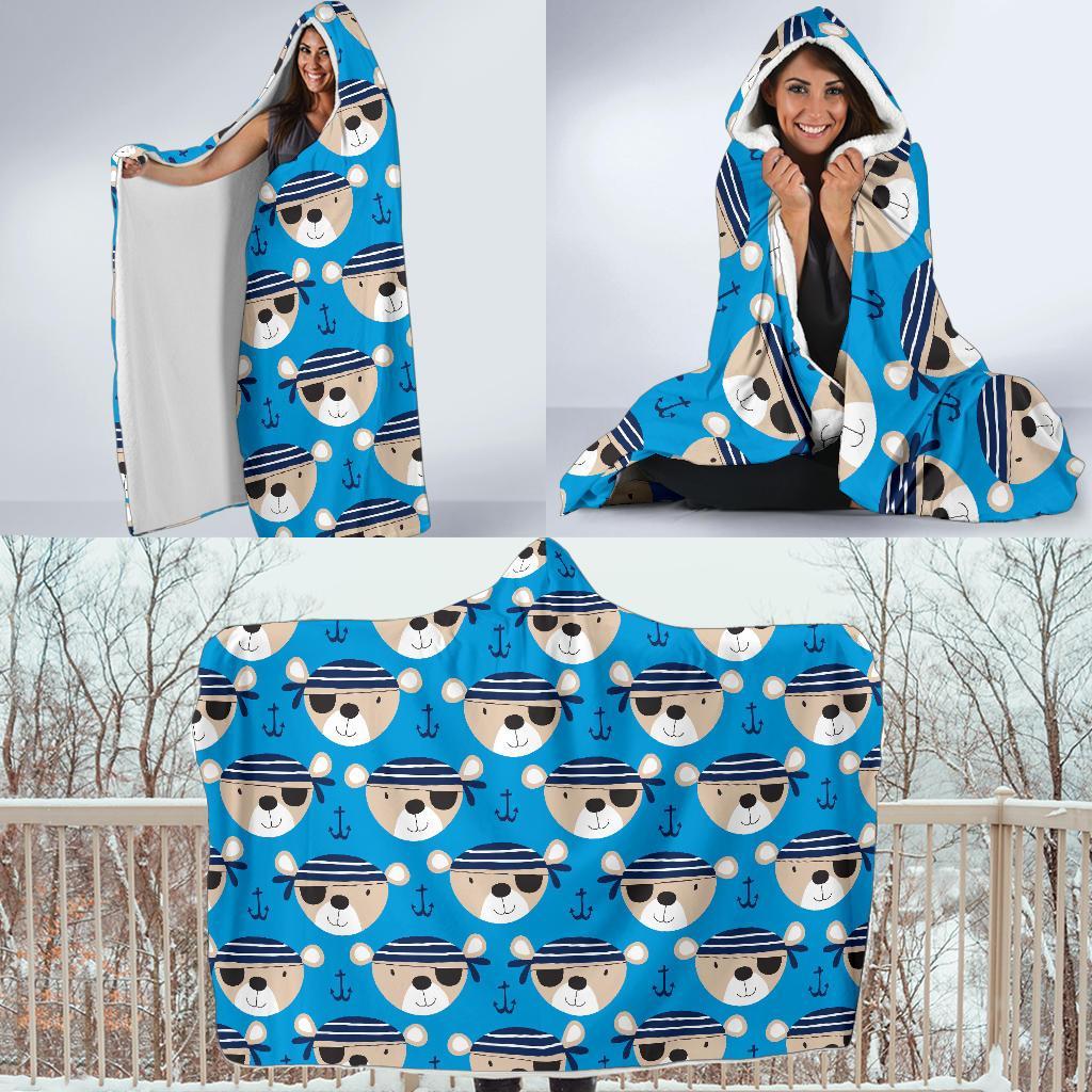 Pirate Bear Pattern Print Hooded Blanket-grizzshop