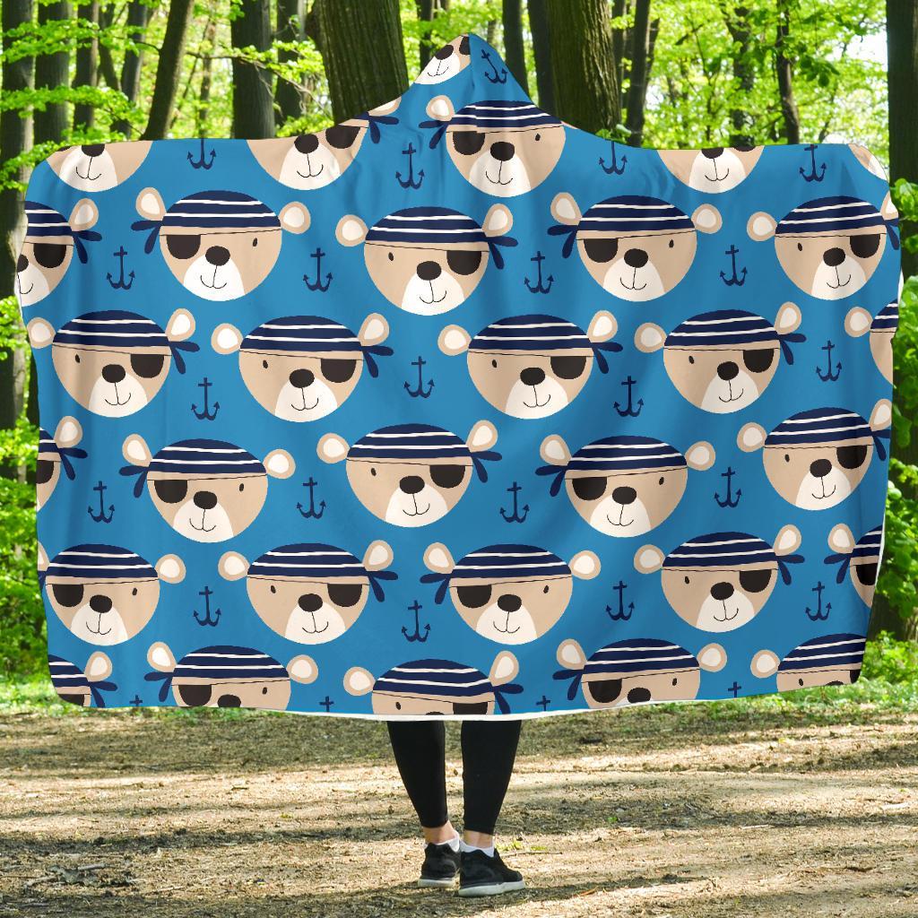 Pirate Bear Pattern Print Hooded Blanket-grizzshop