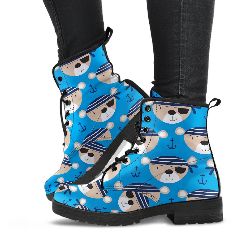 Pirate Bear Pattern Print Men Women Leather Boots-grizzshop