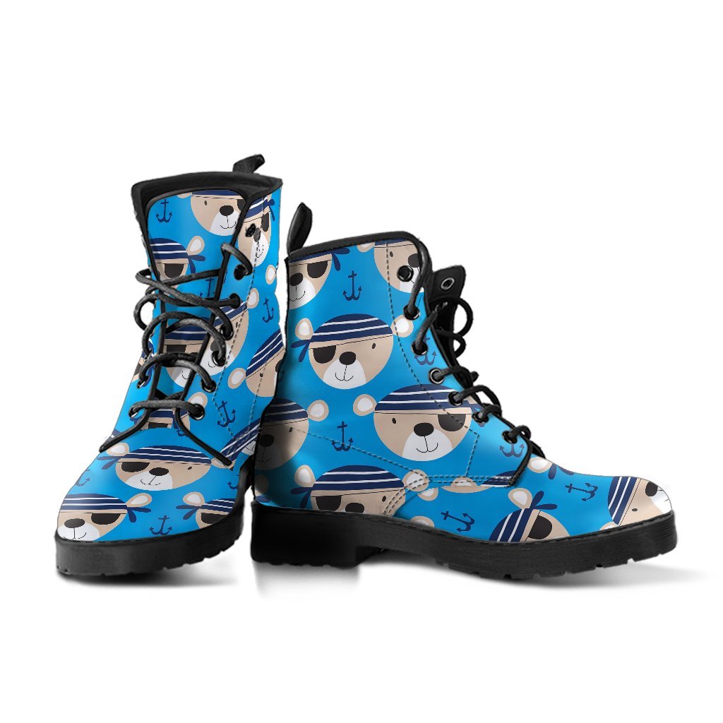 Pirate Bear Pattern Print Men Women Leather Boots-grizzshop