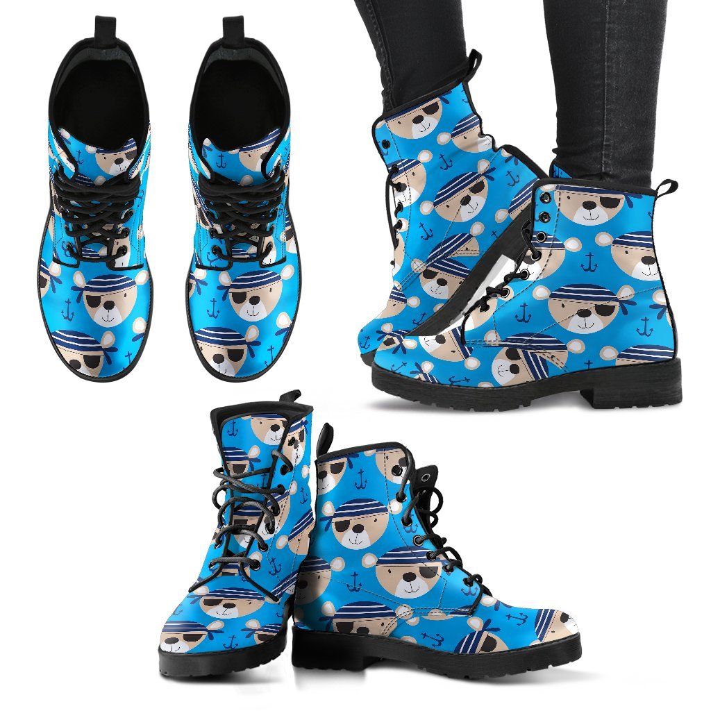 Pirate Bear Pattern Print Men Women Leather Boots-grizzshop